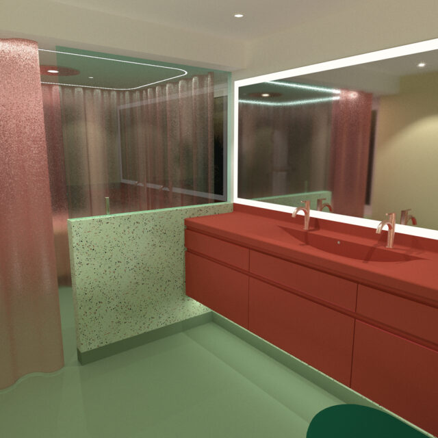 badkamer ontwerp met warme kleuren, sfeerimpressie met douchegordijn