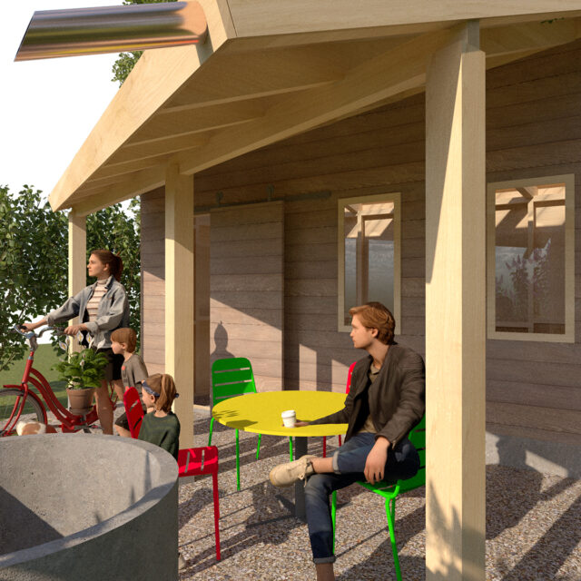 Veranda voor schuur met tuinzitje/terras in sfeerimpressie/ontwerpschets