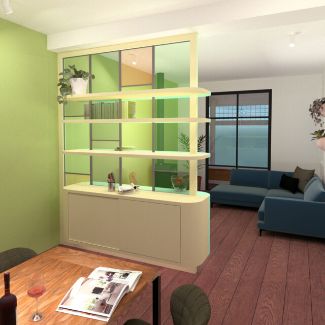 ontwerp roomdivider vanuit eetkamer gezien