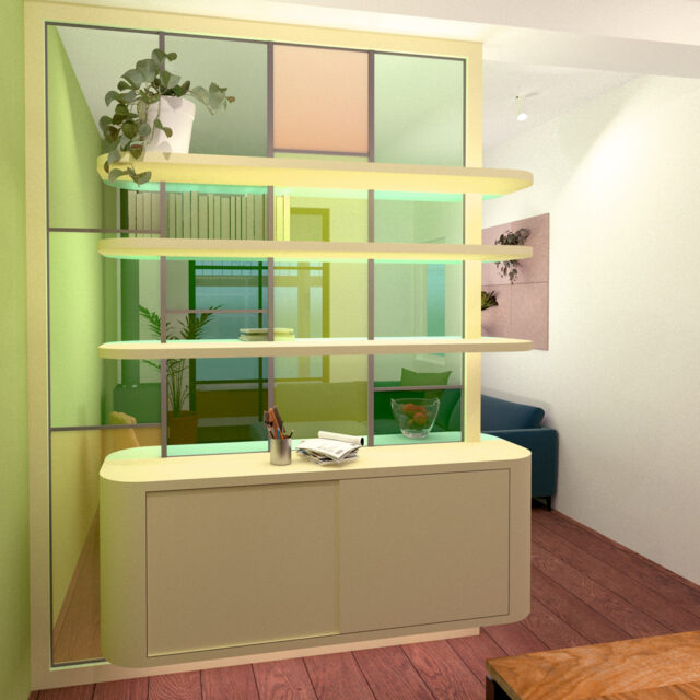 ontwerptekening/sfeerimpressie roomdivider vanuit eetkamer gezien
