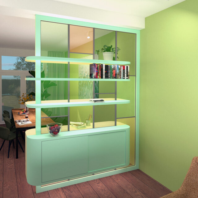 ontwerptekening/sfeerimpressie roomdivider vanuit woonkamer gezien